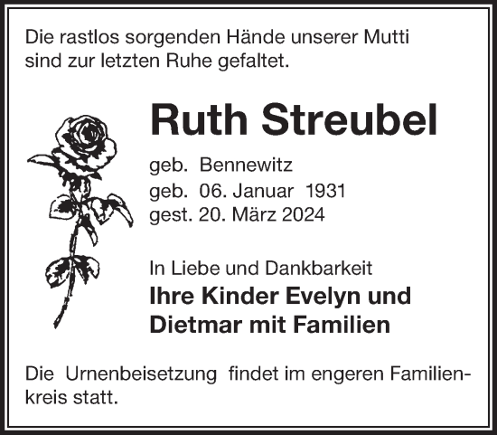 Traueranzeige von Ruth Streubel von WochenKurier