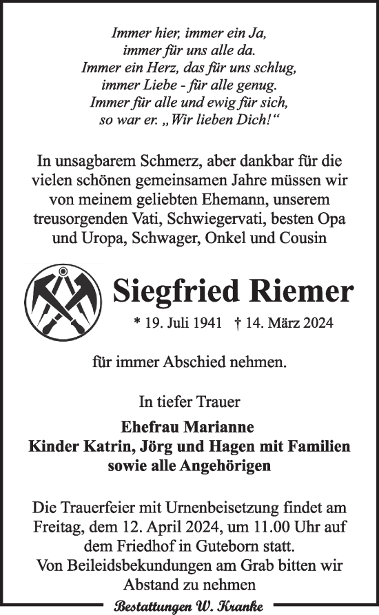 Traueranzeige von Siegfried Riemer von WochenKurier