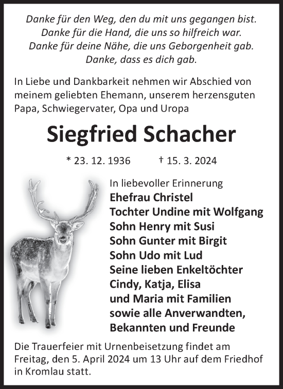 Traueranzeige von Siegfried Schacher von WochenKurier