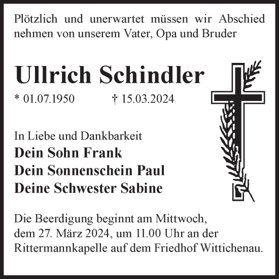 Traueranzeige von Ullrich Schindler von WochenKurier