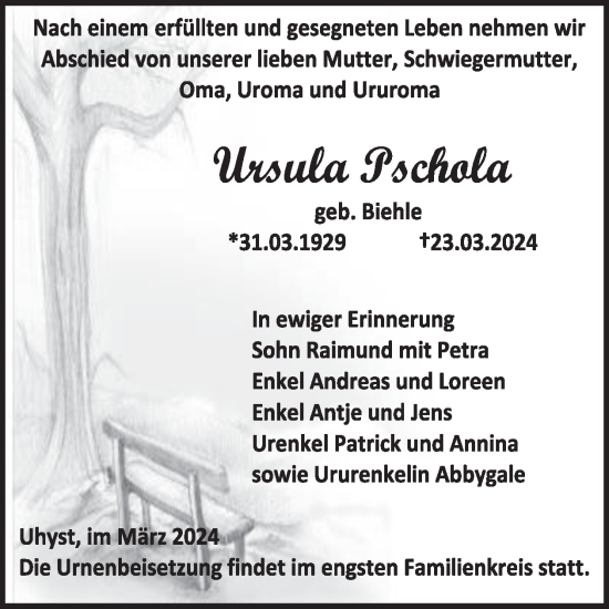 Traueranzeige von Ursula Pschola von WochenKurier