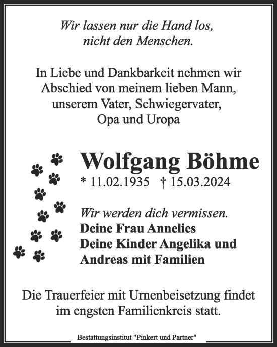 Traueranzeige von Wolfgang Böhme von WochenKurier