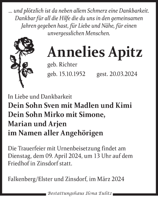 Traueranzeige von Annelies Apitz von WochenKurier