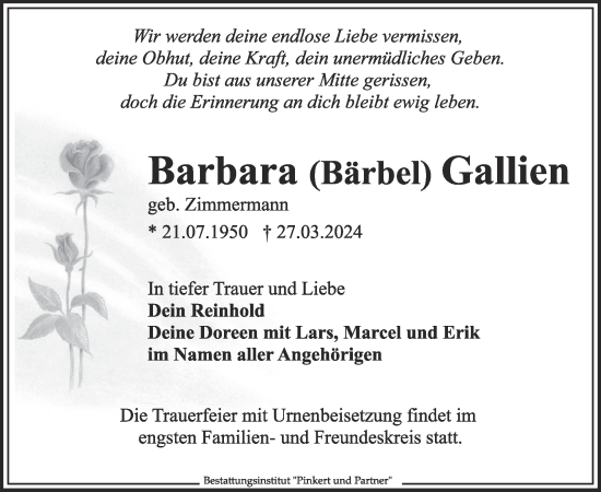 Traueranzeige von Barbara Gallien von WochenKurier