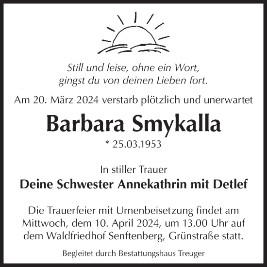 Traueranzeige von Barbara Smykalla von WochenKurier