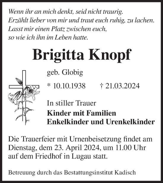 Traueranzeige von Brigitta Knopf von WochenKurier