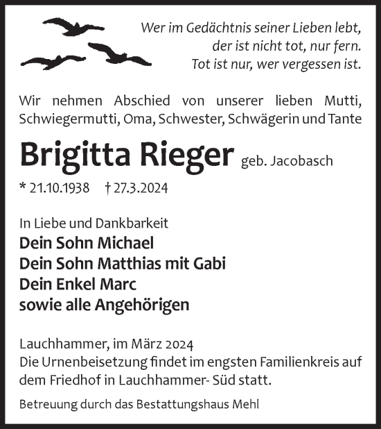 Traueranzeige von Brigitta Rieger von WochenKurier