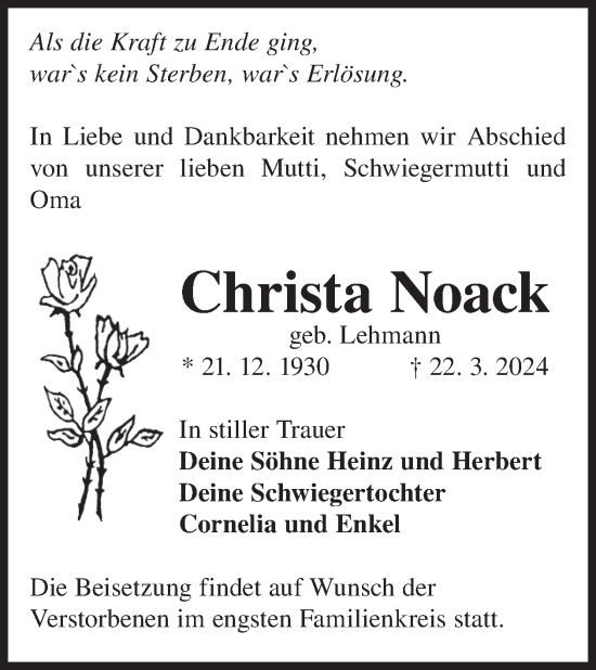 Traueranzeige von Christa Noack von WochenKurier