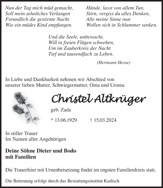 Traueranzeige von Christel Altkrüger von WochenKurier