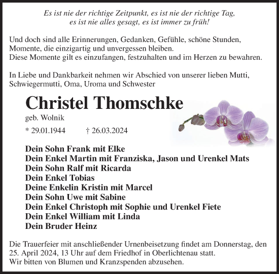 Traueranzeige von Christel Thomschke von WochenKurier