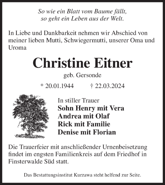 Traueranzeige von Christine Eitner von WochenKurier