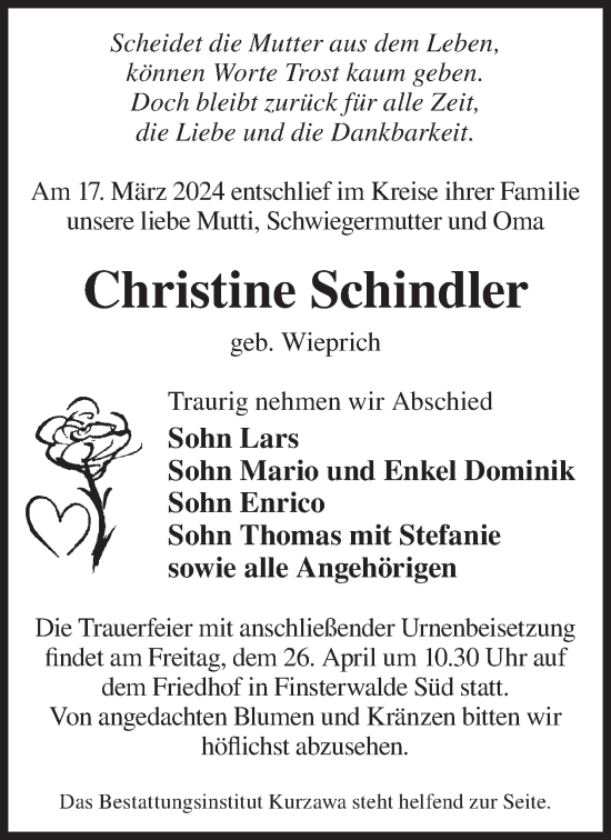 Traueranzeige von Christine Schindler von WochenKurier