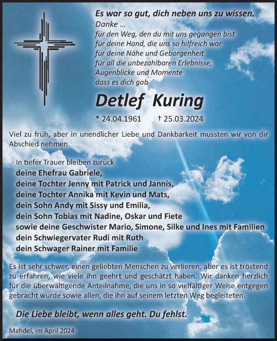 Traueranzeige von Detlef Kuring von WochenKurier