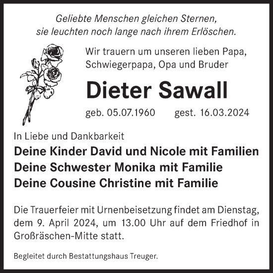 Traueranzeige von Dieter Sawall von WochenKurier