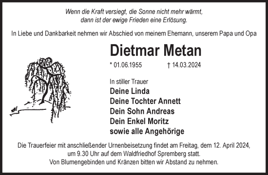 Traueranzeige von Dietmar Metan von WochenKurier