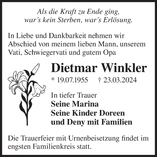 Traueranzeige von Dietmar Winkler von WochenKurier