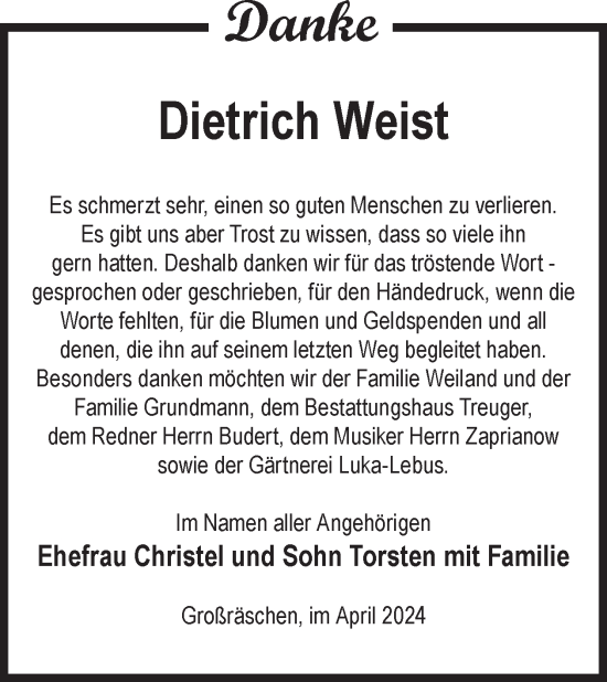 Traueranzeige von Dietrich Weist von WochenKurier