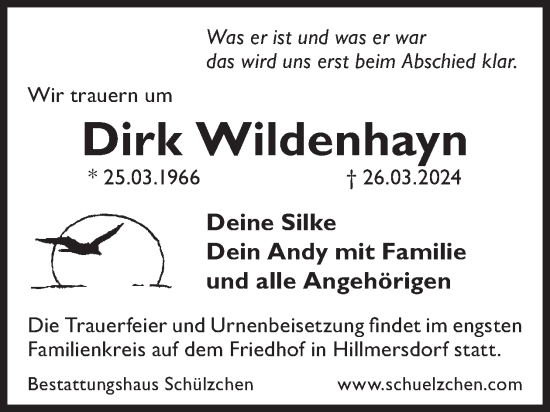 Traueranzeige von Dirk Wildenhayn von WochenKurier