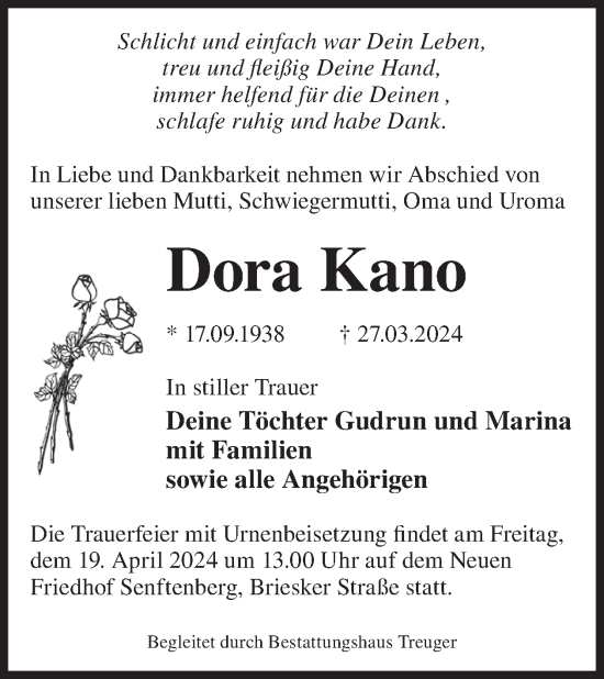 Traueranzeige von Dora Kano von WochenKurier