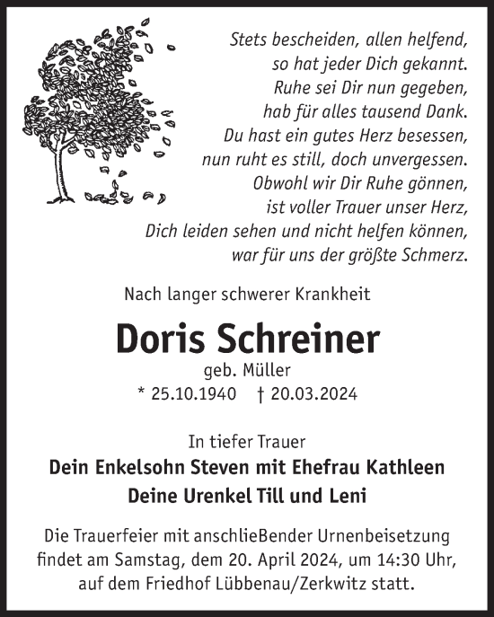 Traueranzeige von Doris Schreiner von WochenKurier