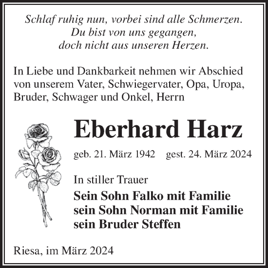 Traueranzeige von Eberhard Harz von WochenKurier