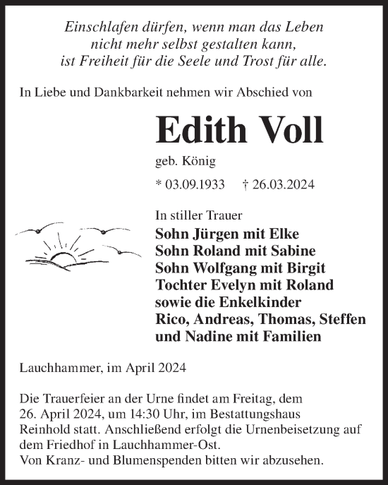 Traueranzeige von Edith Voll von WochenKurier