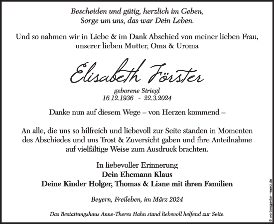 Traueranzeige von Elisabeth Förster von WochenKurier