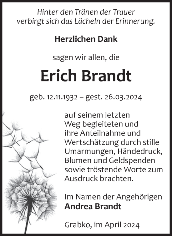 Traueranzeige von Erich Brandt von WochenKurier