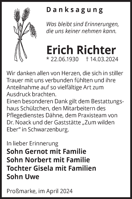 Traueranzeige von Erich Richter von WochenKurier