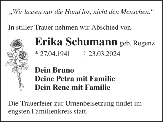 Traueranzeige von Erika Schumann von WochenKurier