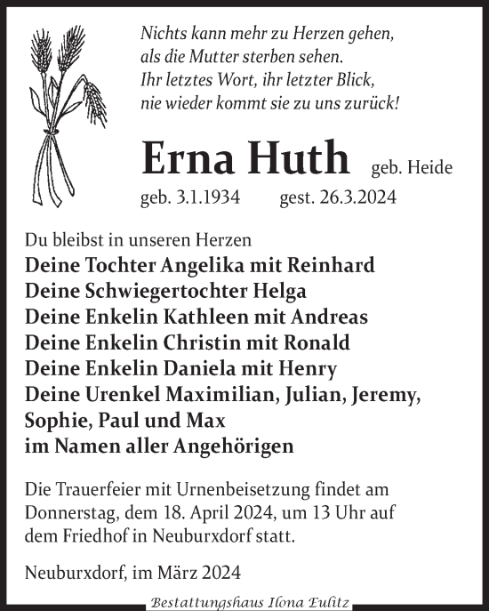 Traueranzeige von Erna Huth von WochenKurier