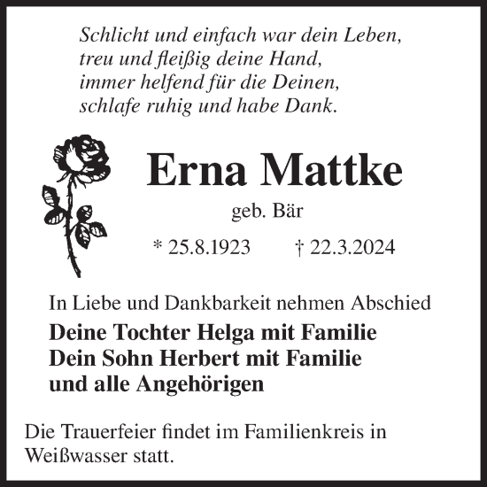 Traueranzeige von Erna Mattke von WochenKurier