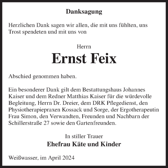 Traueranzeige von Ernst Feix von WochenKurier