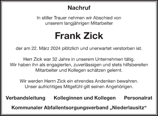 Traueranzeige von Frank Zick von WochenKurier