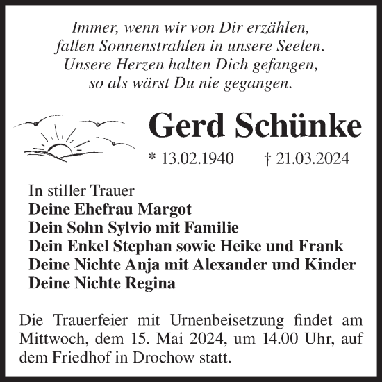 Traueranzeige von Gerd Schünke von WochenKurier