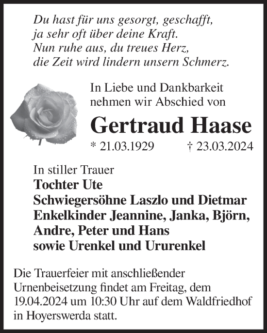 Traueranzeige von Gertraud Haase von WochenKurier