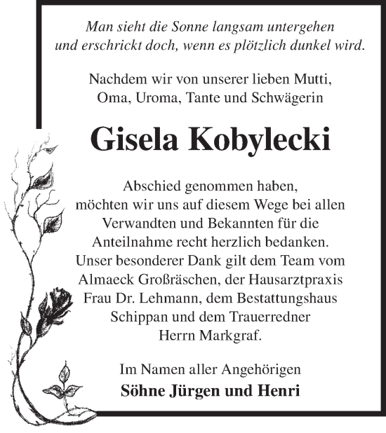 Traueranzeige von Gisela Kobylecki von WochenKurier