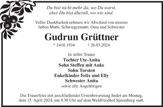 Traueranzeige von Gudrun Grüttner von WochenKurier