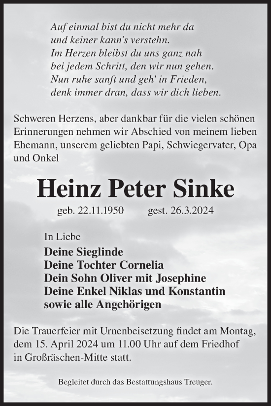 Traueranzeige von Heinz Peter Sinke von WochenKurier