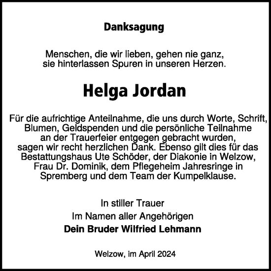 Traueranzeige von Helga Jordan von WochenKurier