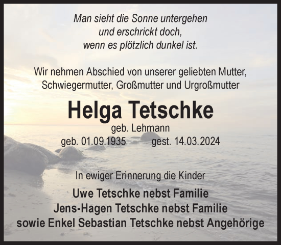 Traueranzeige von Helga Tetschke von WochenKurier