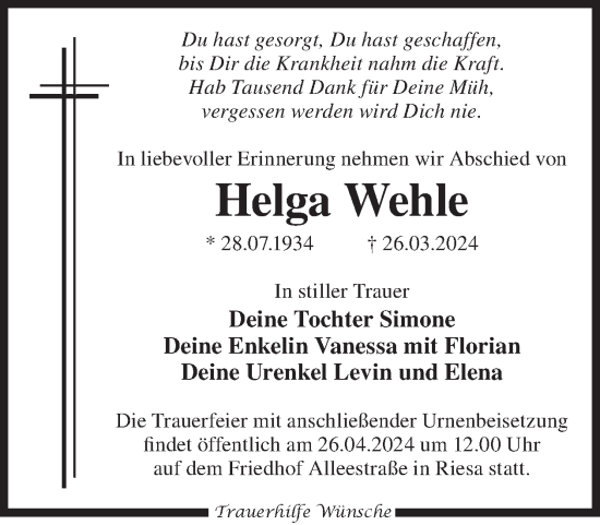 Traueranzeige von Helga Wehle von WochenKurier