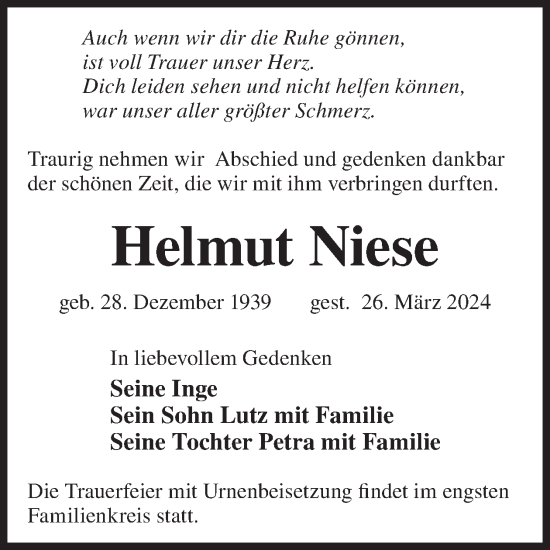 Traueranzeige von Helmut Niese von WochenKurier