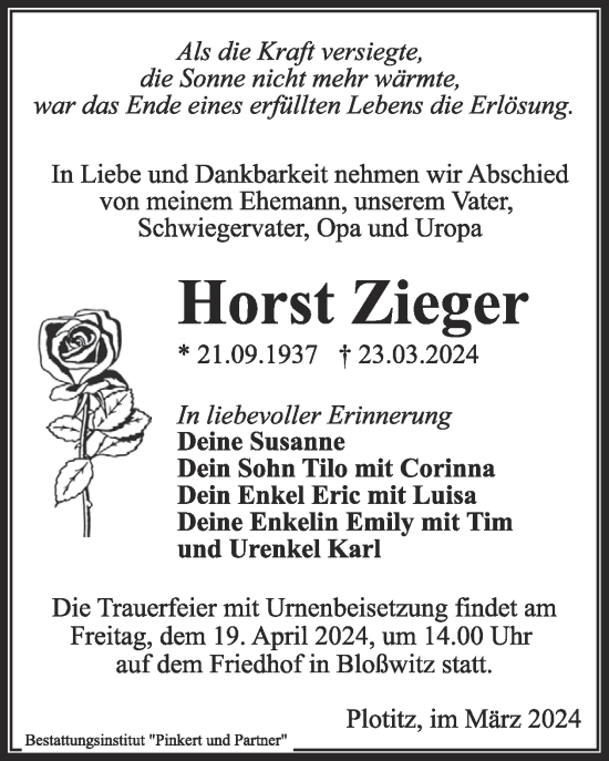 Traueranzeige von Horst Zieger von WochenKurier