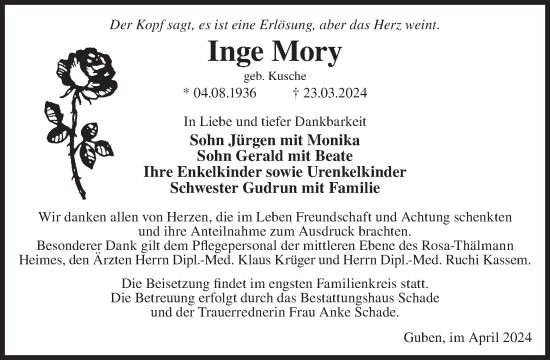 Traueranzeige von Inge Mory von WochenKurier