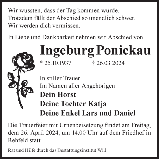 Traueranzeige von Ingeburg Ponickau von WochenKurier