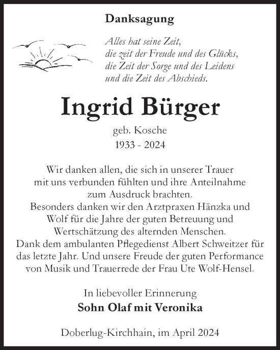 Traueranzeige von Ingrid Bürger von WochenKurier