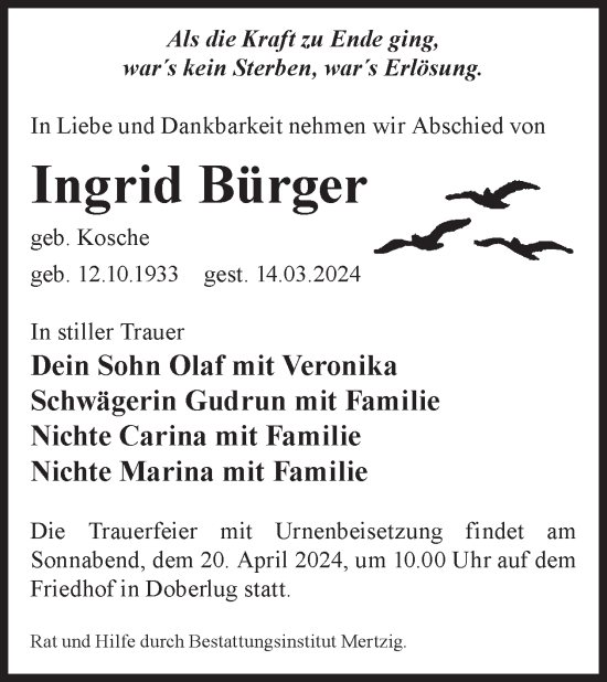 Traueranzeige von Ingrid Bürger von WochenKurier