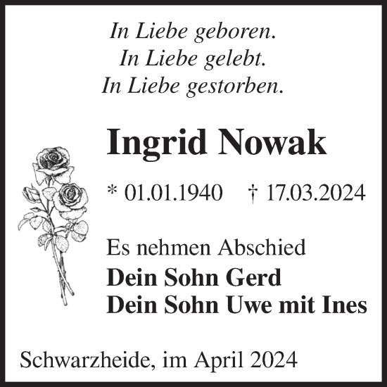 Traueranzeige von Ingrid Nowak von WochenKurier