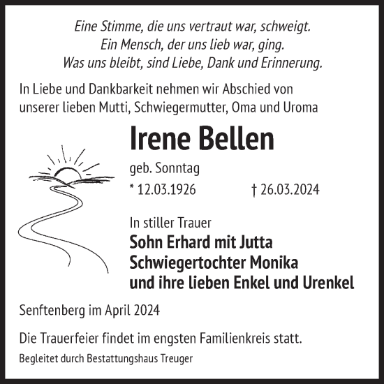 Traueranzeige von Irene Bellen von WochenKurier